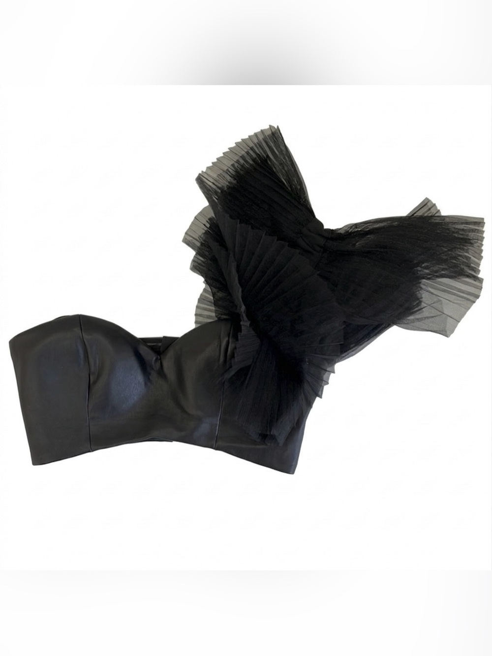ASOS Black Leather Bustier Top with Dramatic Pleated Tulle Sleeve